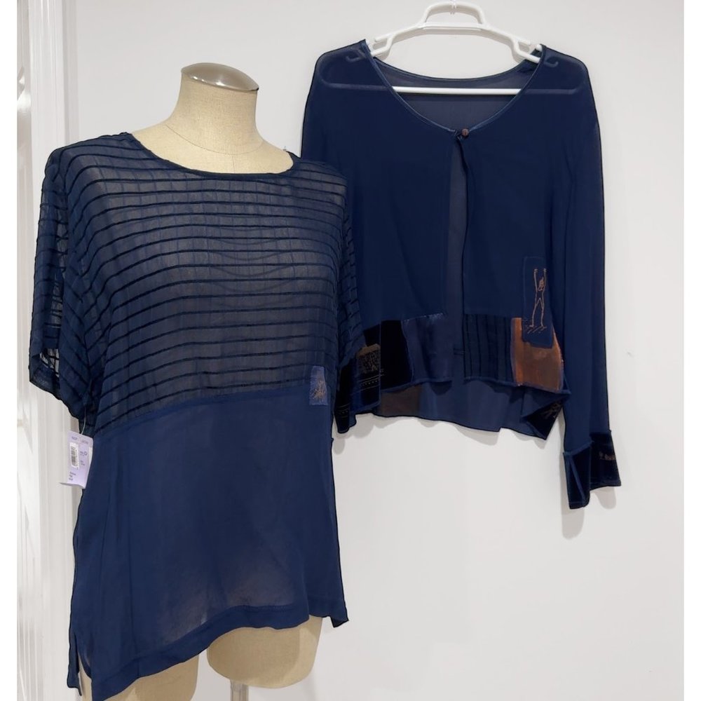 Kd Spring Women's Blue Sheer Blouse & Jacket 2 Piece Set Size L